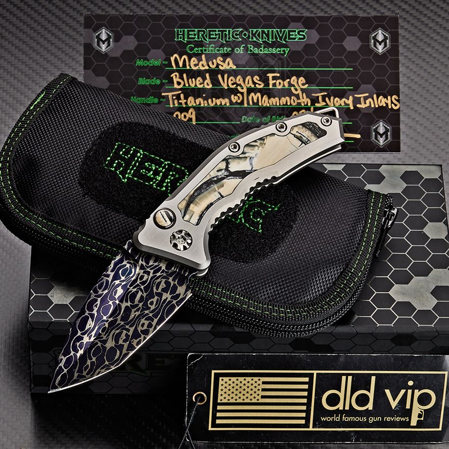 Heretic Medusa (SN 009) Blue Vegas Forge Damascus Titanium w/ Mammoth Ivory Inlays Mammoth Ivory Inlaid Button DLD VIP EXCLUSIVE 1 of 24